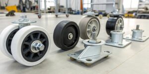 Heavy-duty caster wheels attached to industrial equipment, designed for smooth mobility, durability, and load-bearing capacity in manufacturing and warehouse applications.