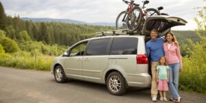 A happy family, including a mother, father, and two children, stands next to their car, a black Subaru Forester. They are smiling and appear ready for a trip. The car has an awning attached, with a bike rack on the roof carrying two bicycles. The family is dressed in casual, activewear, and a bright, sunny sky and green trees are visible in the background, suggesting a fun outdoor adventure.