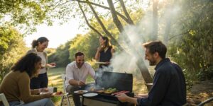 Team enjoying a work meeting with BBQ takeout on the table, creating a relaxed and collaborative atmosphere