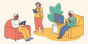 Trends Shaping Modern Senior Care’ showing key themes in elder care, including technology integration, personalized healthcare, aging in place, and community support.