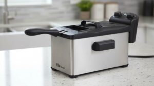 Compact stainless steel deep fryer on a kitchen counter with lid closed