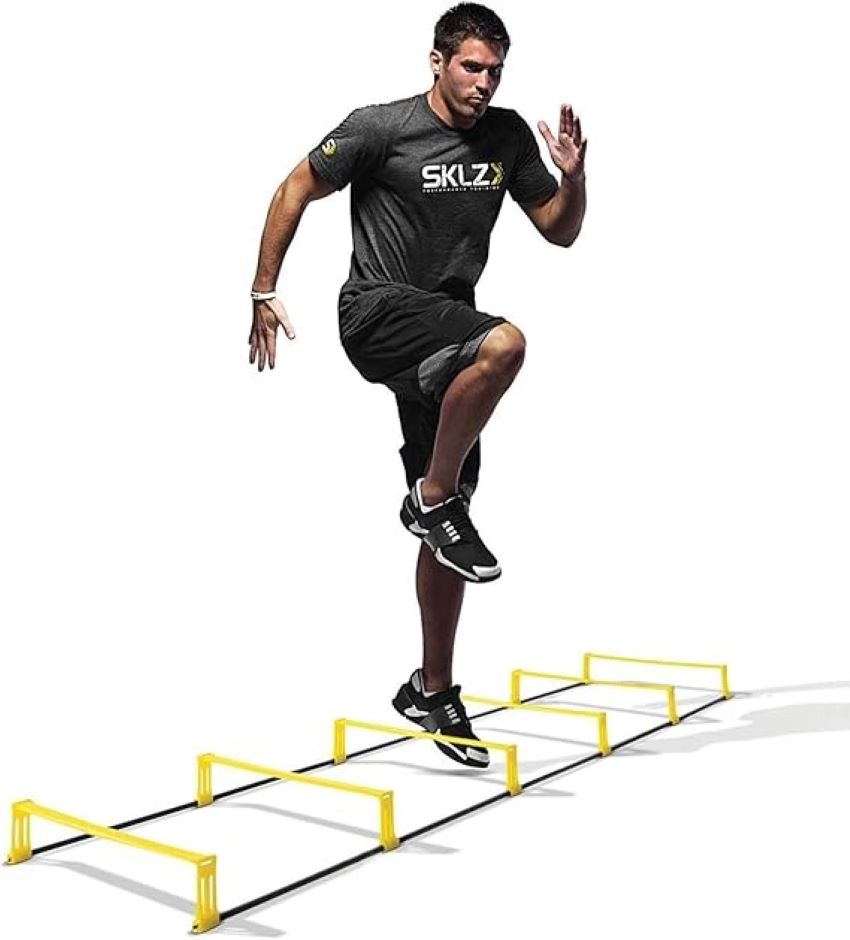SKLZ speed and agility ladder laid out on turf for training.