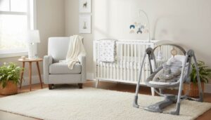 Cozy modern nursery room with white crib, glider chair, and soft natural lighting