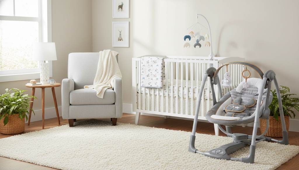 Cozy modern nursery room with white crib, glider chair, and soft natural lighting
