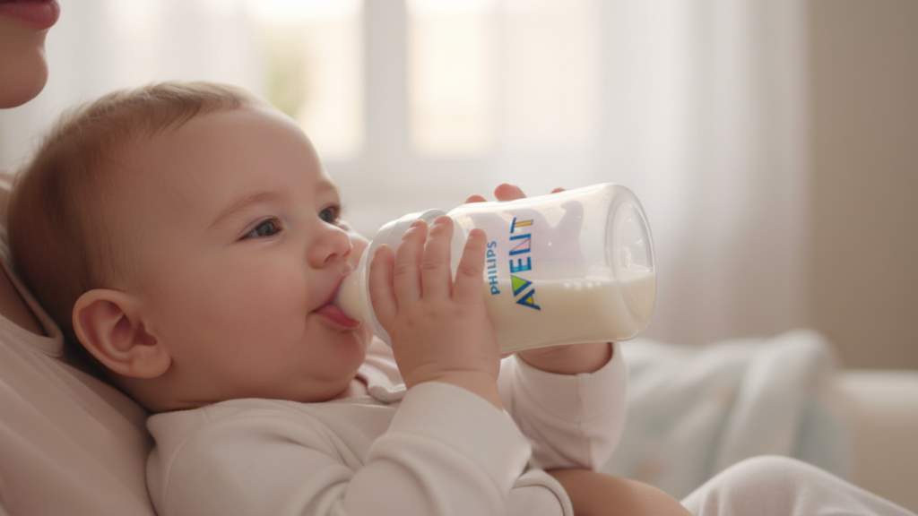 Happy baby feeding upright from Philips Avent bottle, illustrating comfort and less colic during mealtime.