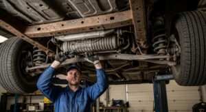 Mechanic inspecting vehicle undercarriage for hidden rust damage on frame rails and suspension components