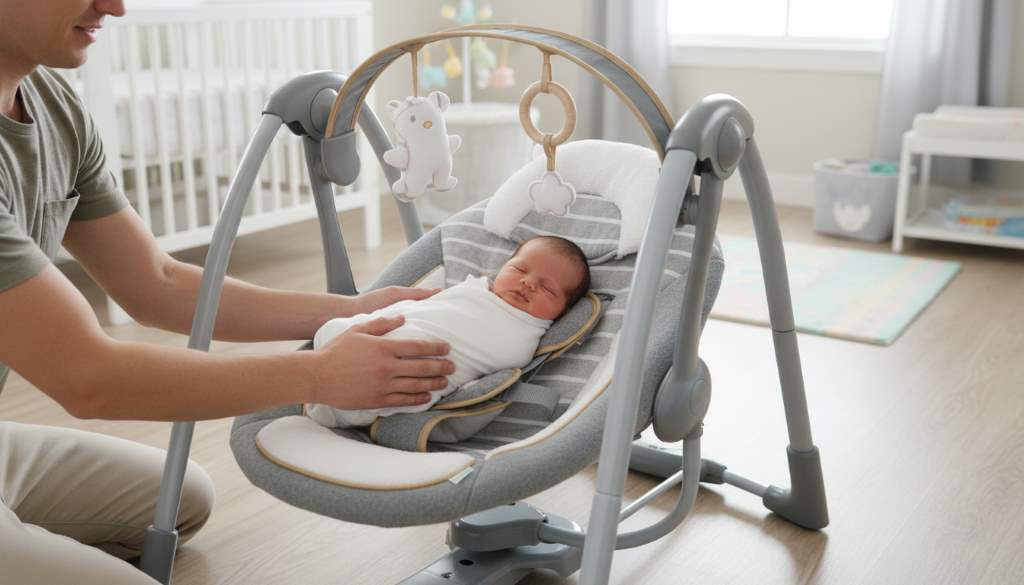 Parent placing newborn in Ingenuity Swing ‘n Go Deluxe portable baby swing with plush seat