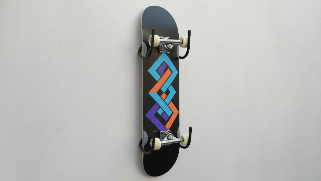 YYST W-Style skateboard wall mount holding a complete deck vertically with visible graphics