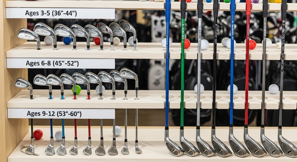 Comparison chart showing junior golf clubs arranged by height and age categories from toddler to teen sizes