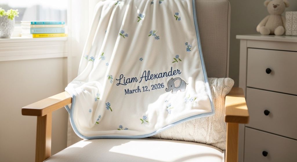 Custom embroidered baby blanket with child's name and birth date displayed on nursery chair, showing personalized gift for pregnant woman