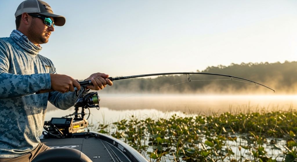 Angler holding heavy action casting rod with fast tip designed for flipping jigs into thick vegetation and heavy cover