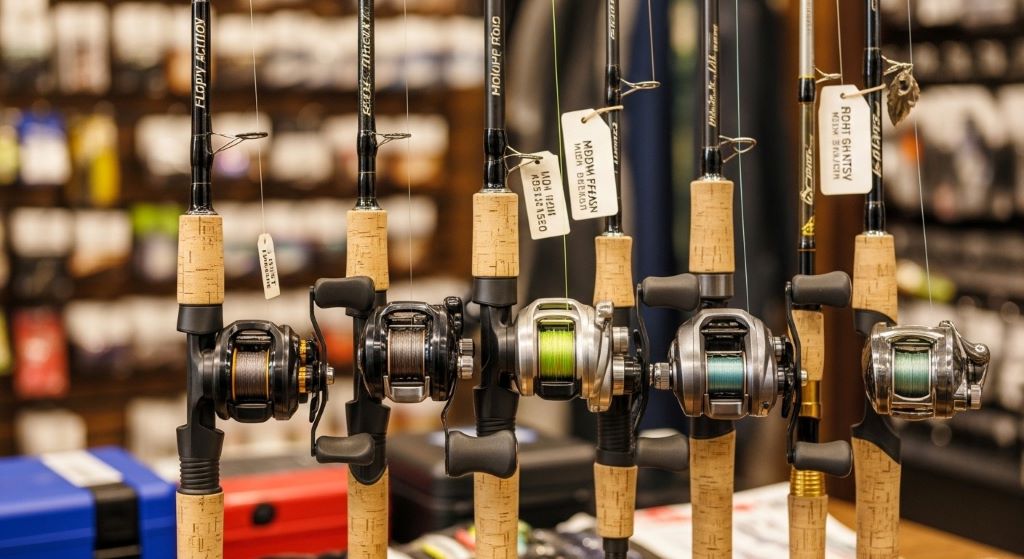 Bass fishing rod collection showing different lengths and actions for matching specific lure types and fishing techniques