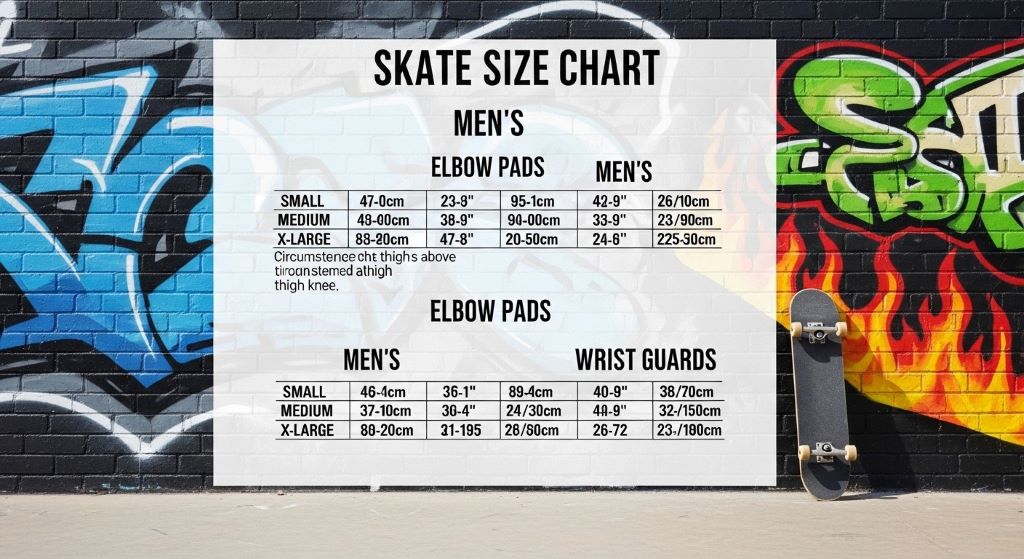 Skate pad size chart showing measurement ranges for men's knee pads, elbow pads, and wrist guards