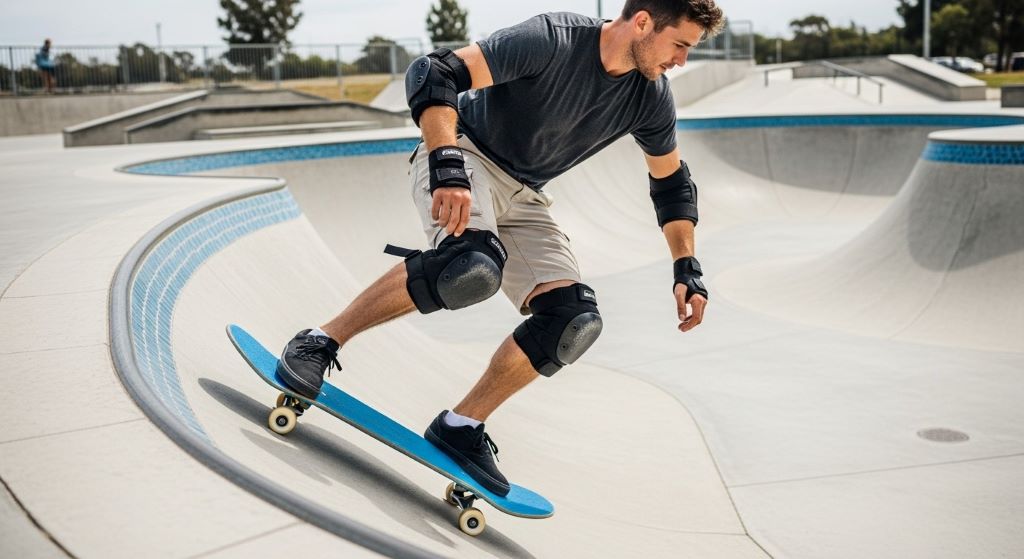 Man wearing properly fitted knee and elbow skate pads in correct position while skating at a skate park