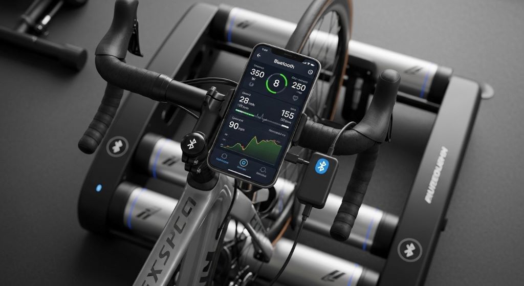 Cyclist using smart rollers connected to tablet showing virtual training course with real-time performance metrics and resistance control