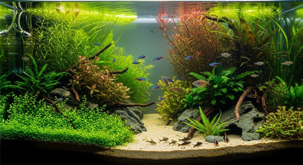 Balanced aquarium ecosystem showing layers of substrate, established plants, clear water, and diverse fish species in natural habitat setup