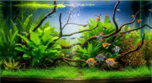 Healthy freshwater aquarium with live aquatic plants, colorful tropical fish swimming among green vegetation and natural driftwood decorations