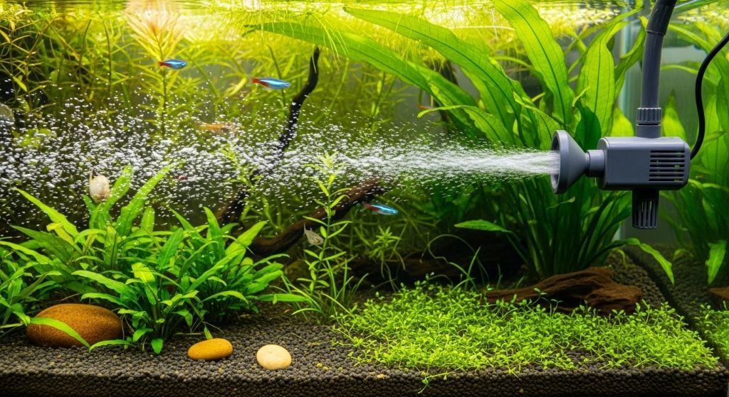 Powerhead creating water current and circulation in planted freshwater aquarium tank