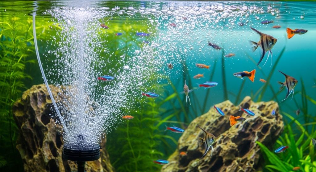 Air pump with bubbles rising through aquarium water providing oxygen to tropical fish
