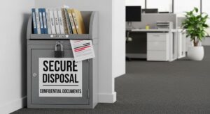Small office paper shredder with waste bin and document feed showing cross-cut shredding capabilities
