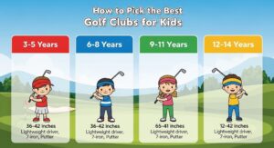 Young golfer aged 8-10 demonstrating proper setup position with correctly fitted junior golf clubs on driving range