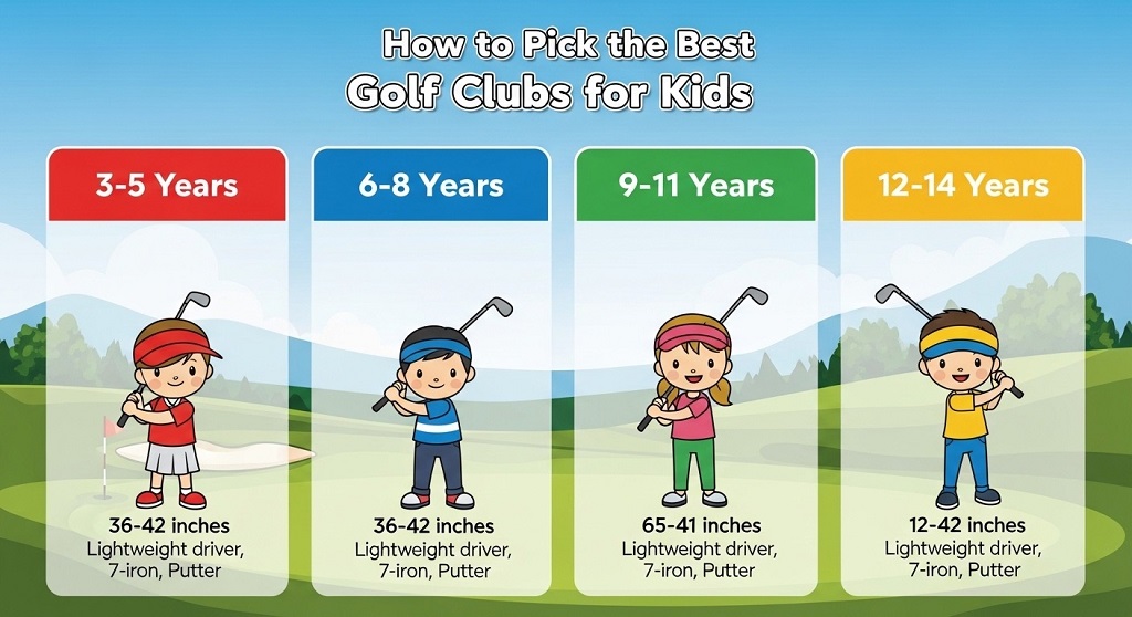 Young golfer aged 8-10 demonstrating proper setup position with correctly fitted junior golf clubs on driving range