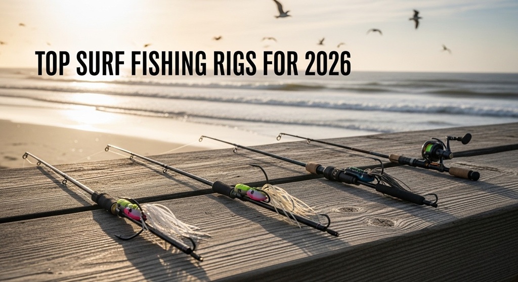 Modern surf fishing rigs setup on sandy beach 2026