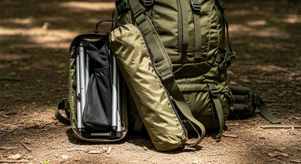 Compact collapsible camping chair packed in carrying case next to backpack for easy transport