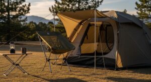 Lightweight folding camping chair set up outdoors near tent providing portable comfortable seating