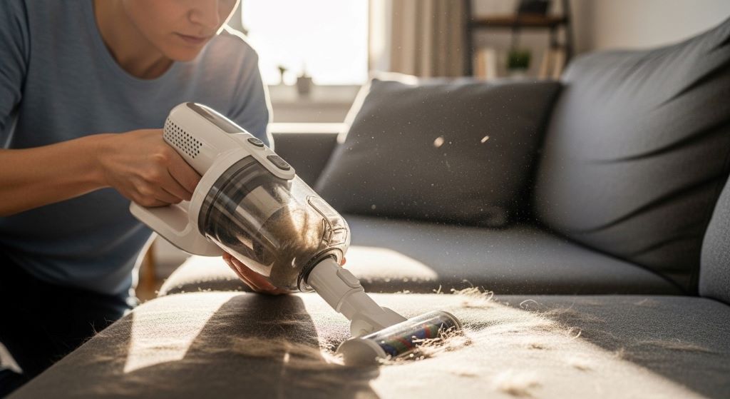 Person using compact handheld vacuum cleaner with strong suction to remove pet hair from couch