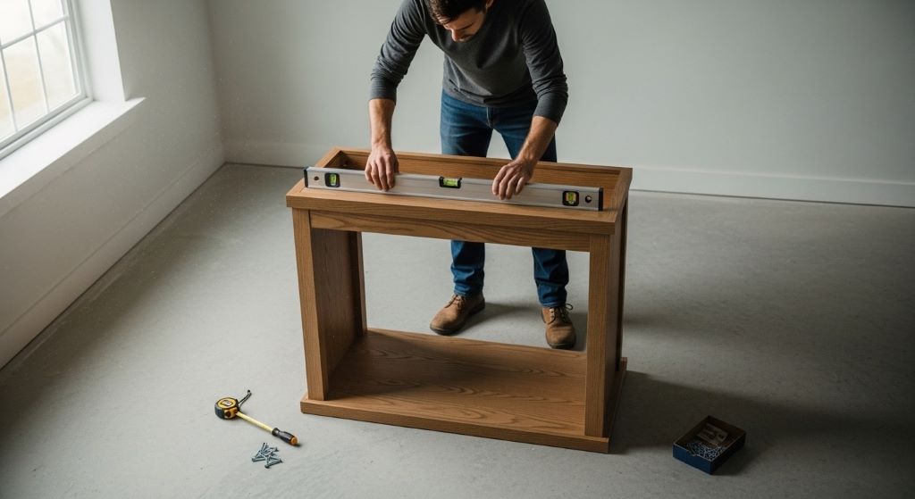 Person using level tool on empty aquarium stand during installation process