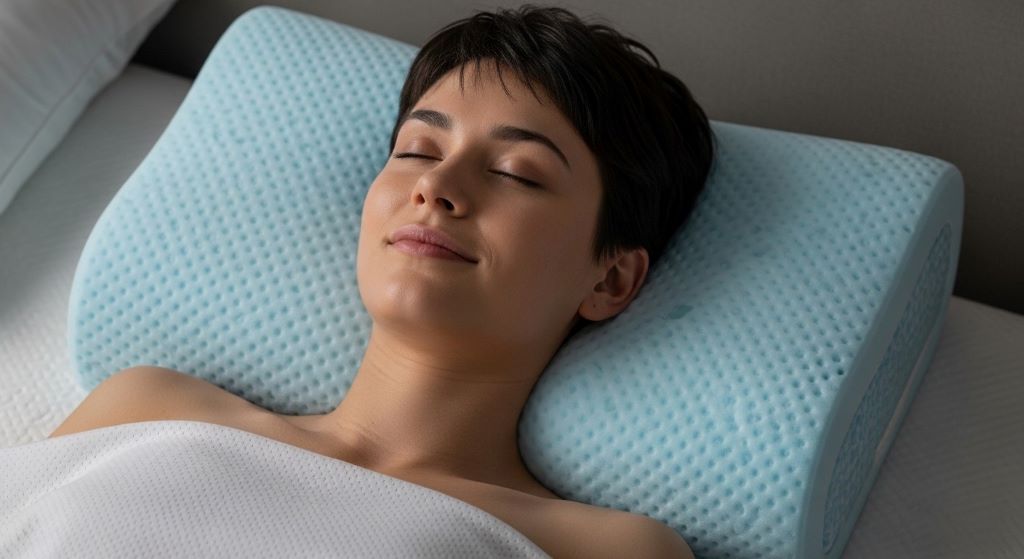 Back sleeper resting comfortably on gel-infused memory foam pillow maintaining proper neck alignment while staying cool