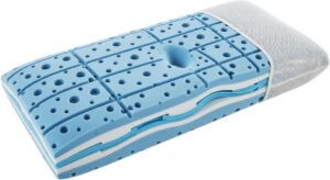 Cooling pillow with ventilated foam design for back sleepers showing airflow channels and temperature-regulating layers
