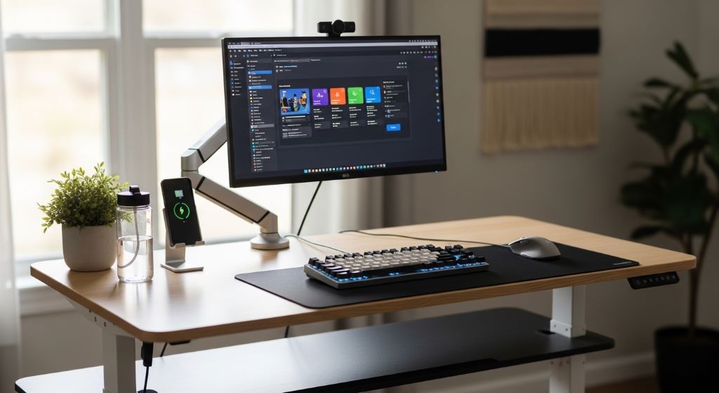 Affordable standing desk workspace with computer monitor and ergonomic setup
