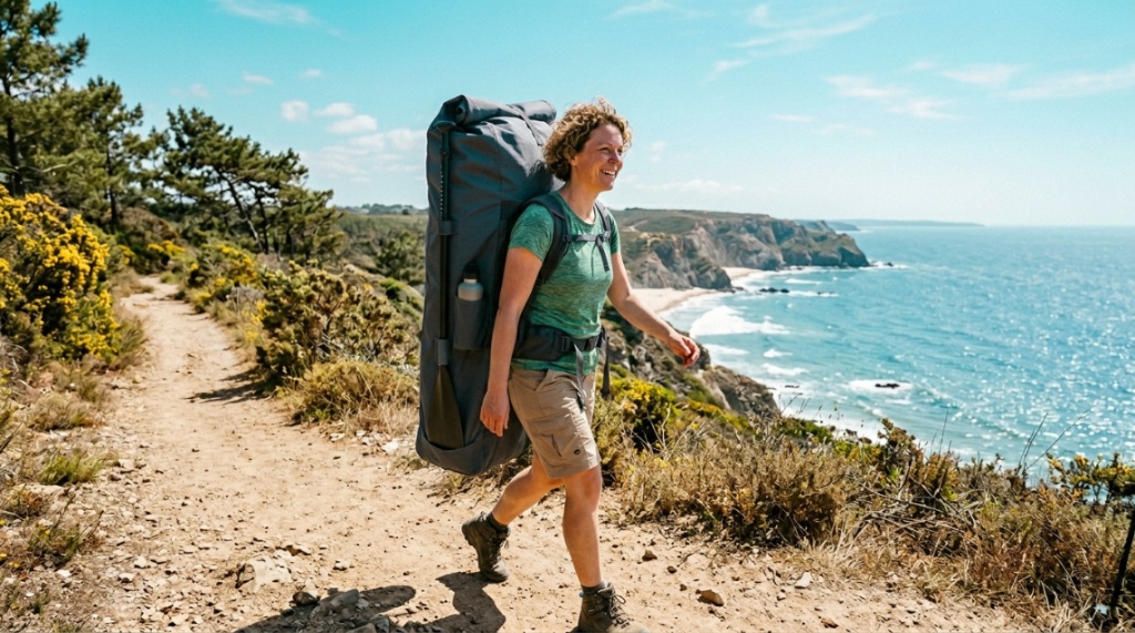 Person carrying an inflatable paddle board inside a backpack on a coastal trail.