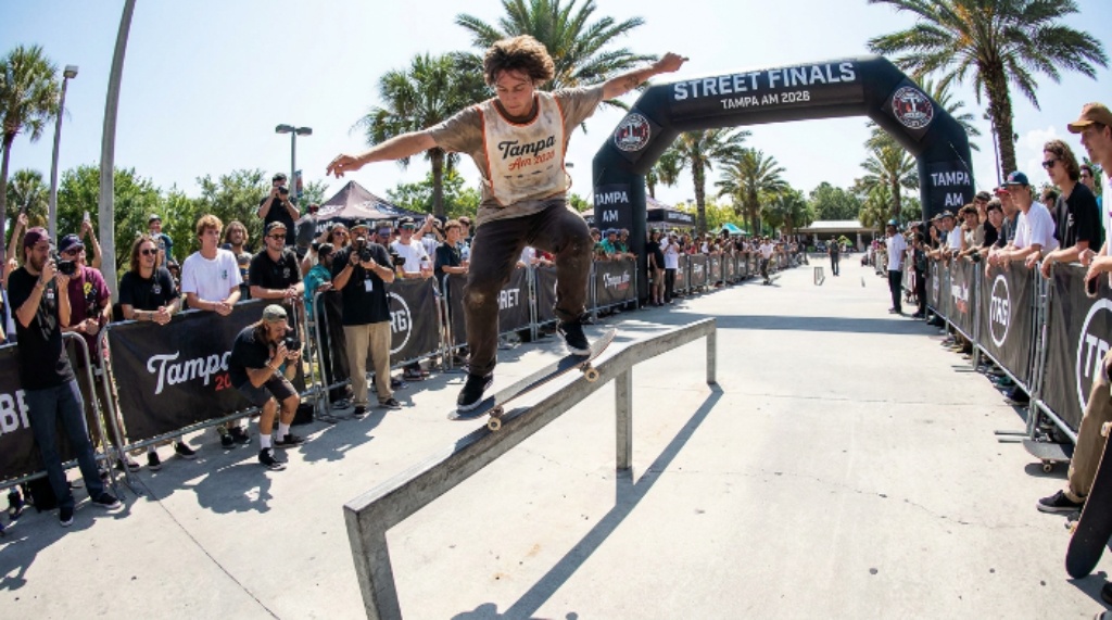 Amateur skateboarder competing in street finals at Tampa Am 2026 Florida