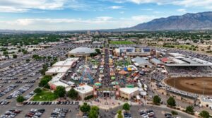 Aerial view of New Mexico State Fair 2026 fairgrounds at Expo New Mexico Albuquerque