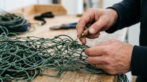 Hands washing a salt-crusted fishing net with fresh water on a dock.