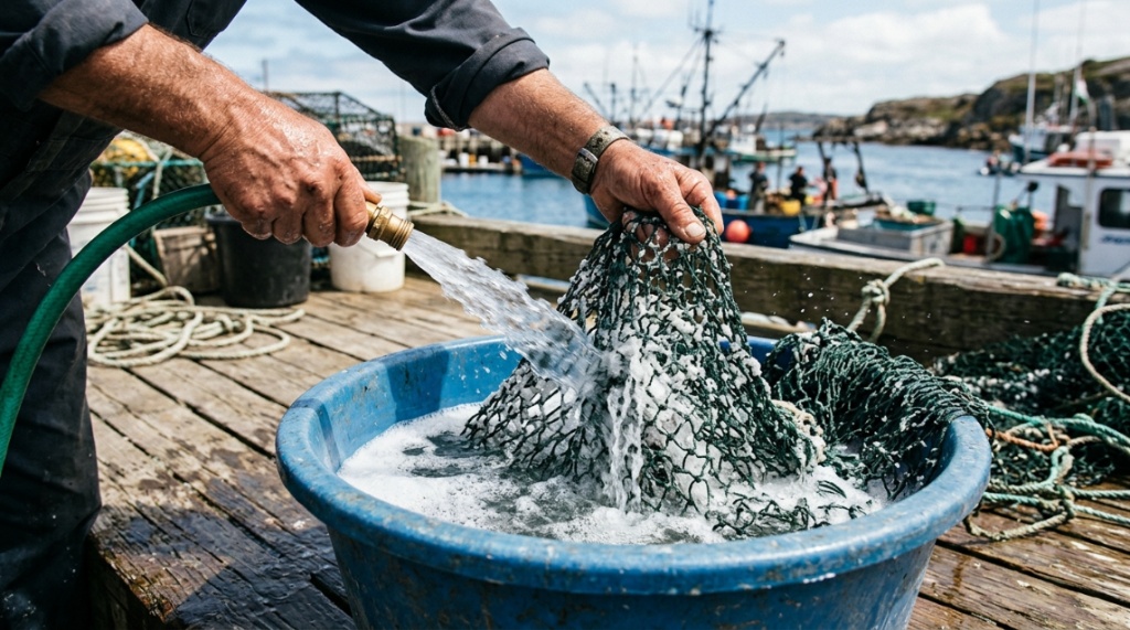 Person inspecting and untangling fishing net mesh knots carefully.