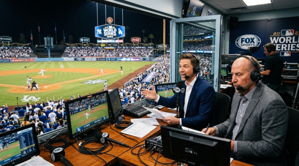 Joe Davis and John Smoltz calling the action from the FOX broadcast booth during the 2026 MLB World Series at the ballpark