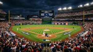 Two MLB teams facing off at a packed postseason stadium during Game 1 of the 2026 MLB World Series on the night of October 23 under the lights