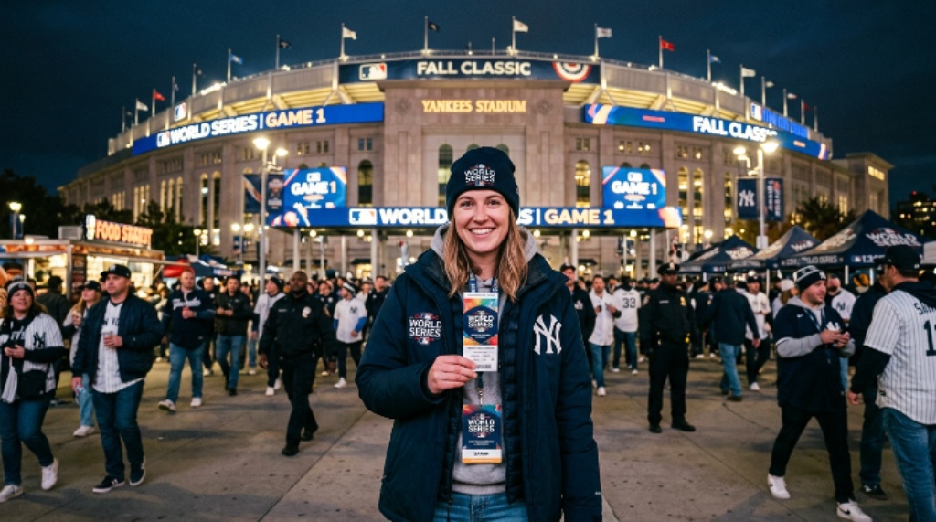 A baseball fan holding a 2026 World Series ticket outside the stadium on a crisp October evening before the Fall Classic opener