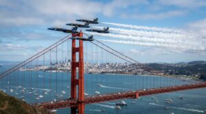 Blue Angels jets flying over the Golden Gate Bridge during San Francisco Fleet Week