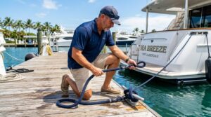 Blue nylon dock line secured to a stainless steel dock cleat.