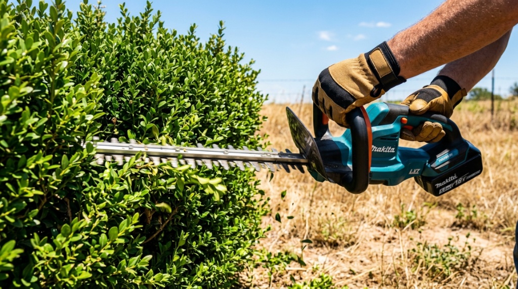 Homeowner wearing safety glasses trimming a backyard hedge.