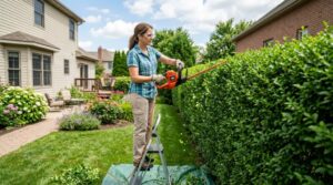 Cordless hedge trimmer cutting green shrubs under bright Texas sunlight.