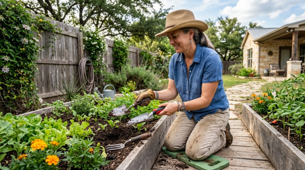 Person using a steel transplanter tool in dry soil.