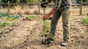 Gardener comparing two transplanter tools in a Texas raised bed.