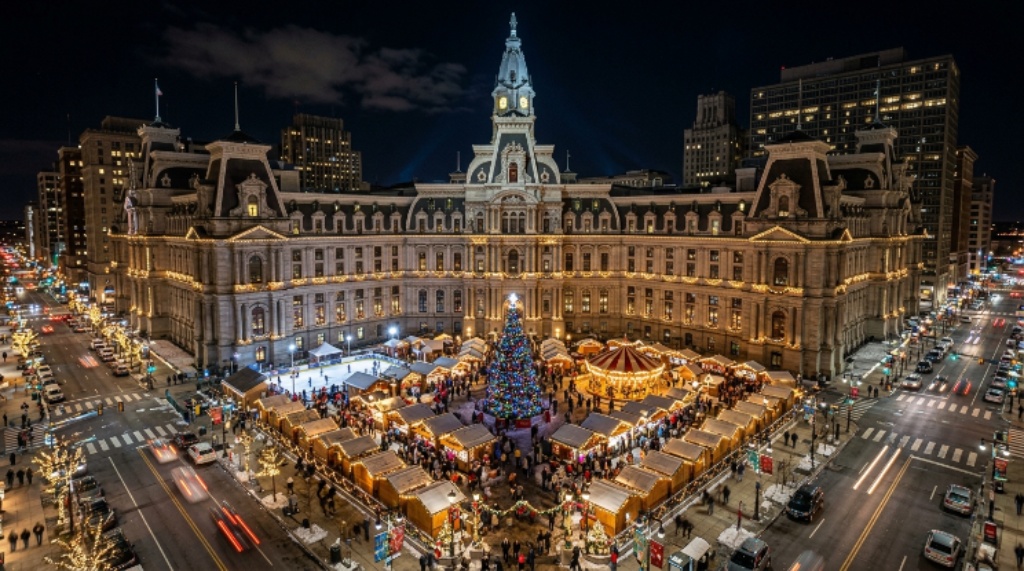 Aerial view of the Christmas Village at Philadelphia's City Hall courtyard surrounded by holiday lights