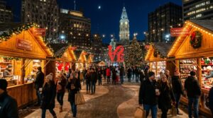 Festive wooden vendor booths lit up at night during Christmas Village 2026 at LOVE Park in Philadelphia